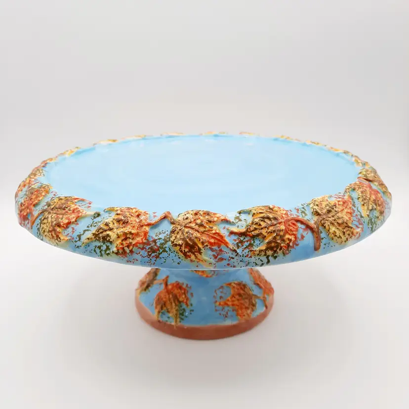 Blue Pedestal Cake Plate Stand w/Multi-colored Leaf Design by WCL
