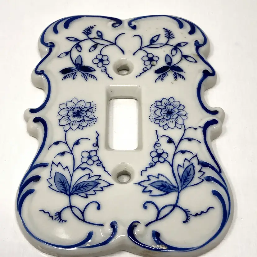 Blue and White Porcelain Light Switch Plate with Scrolling Floral Design