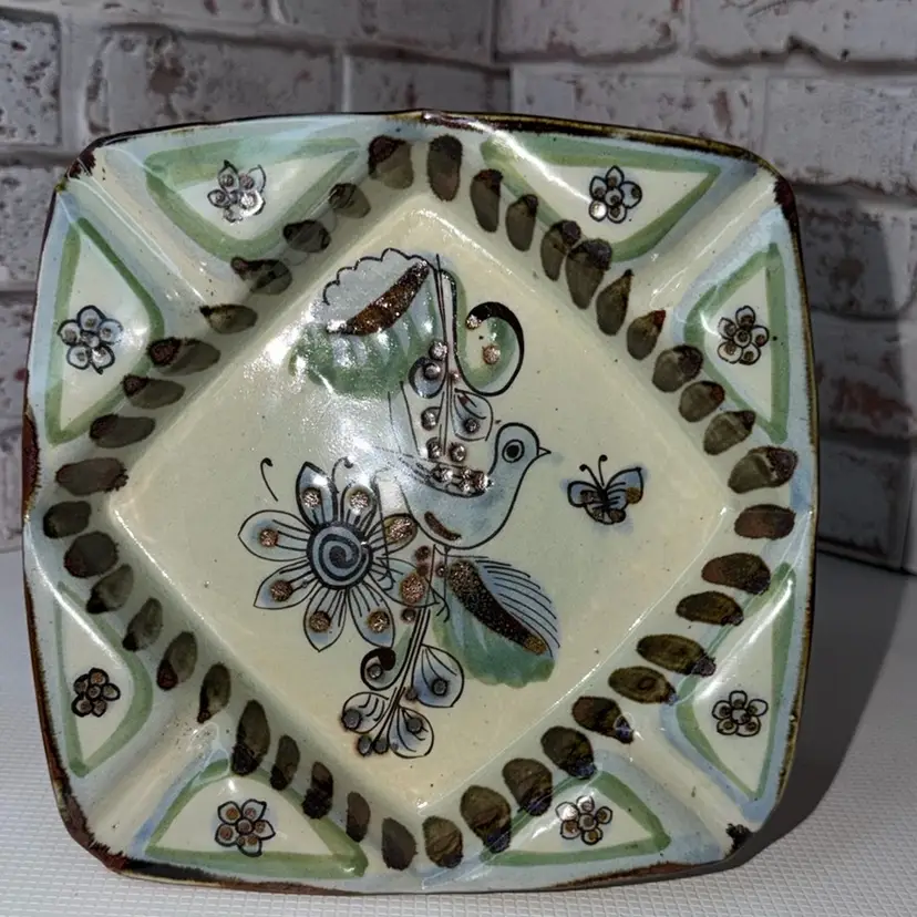 Vintage Folk Art Mexican Ken Edward’s Tonala El Palomar Pottery Square Ashtray With Bird And A Butterfly