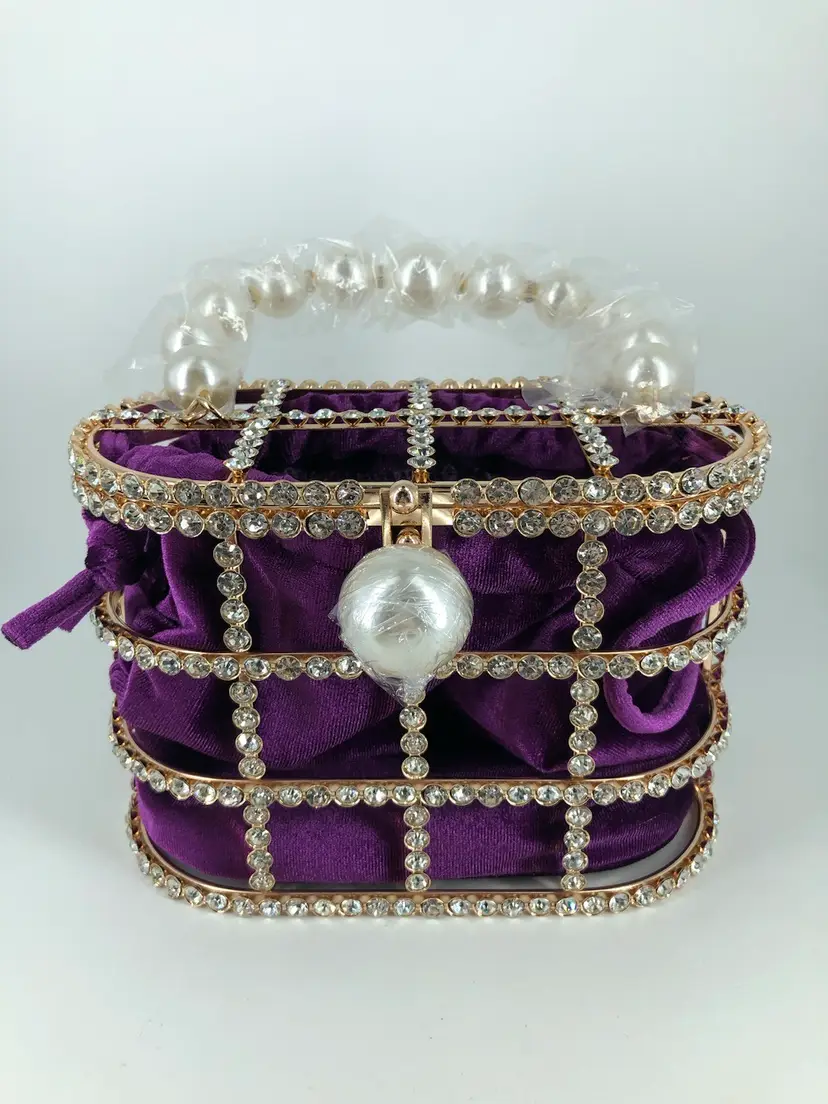 Faux Pearl Top-Handle Metal Bucket Bag Crystal Evening Purse