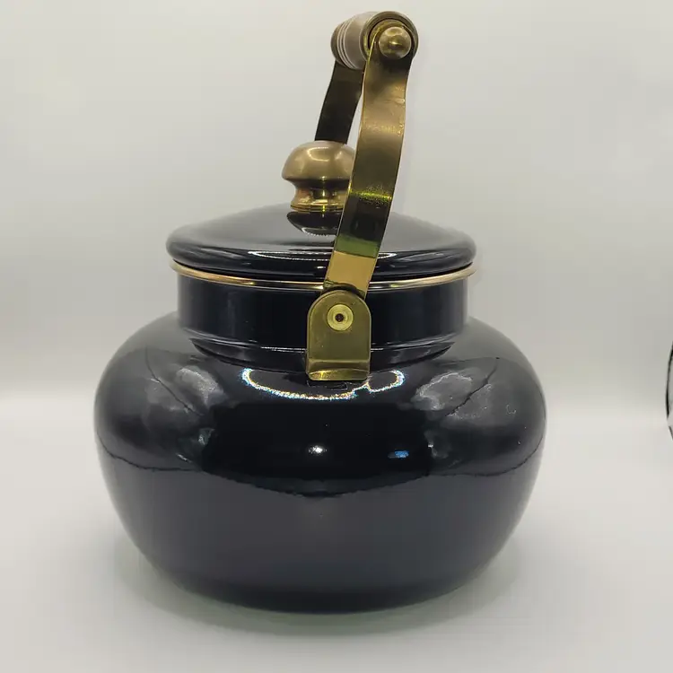 Vintage Black Enamel Teapot Brass Handle & Lid Knob Rim Accent Taiwan Clean EUC