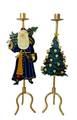 Vintage Santa/Christmas Tree Old World Metal Candle
Holders 19" Tall