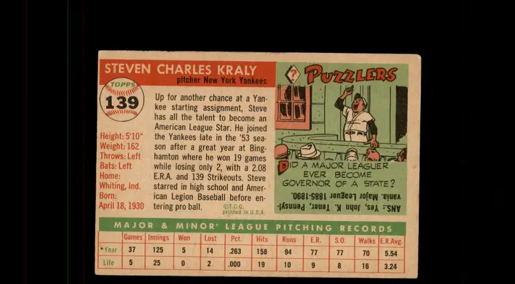 1955 Topps #139 Steve Kraly - (pk-tl1) - New York Yankees