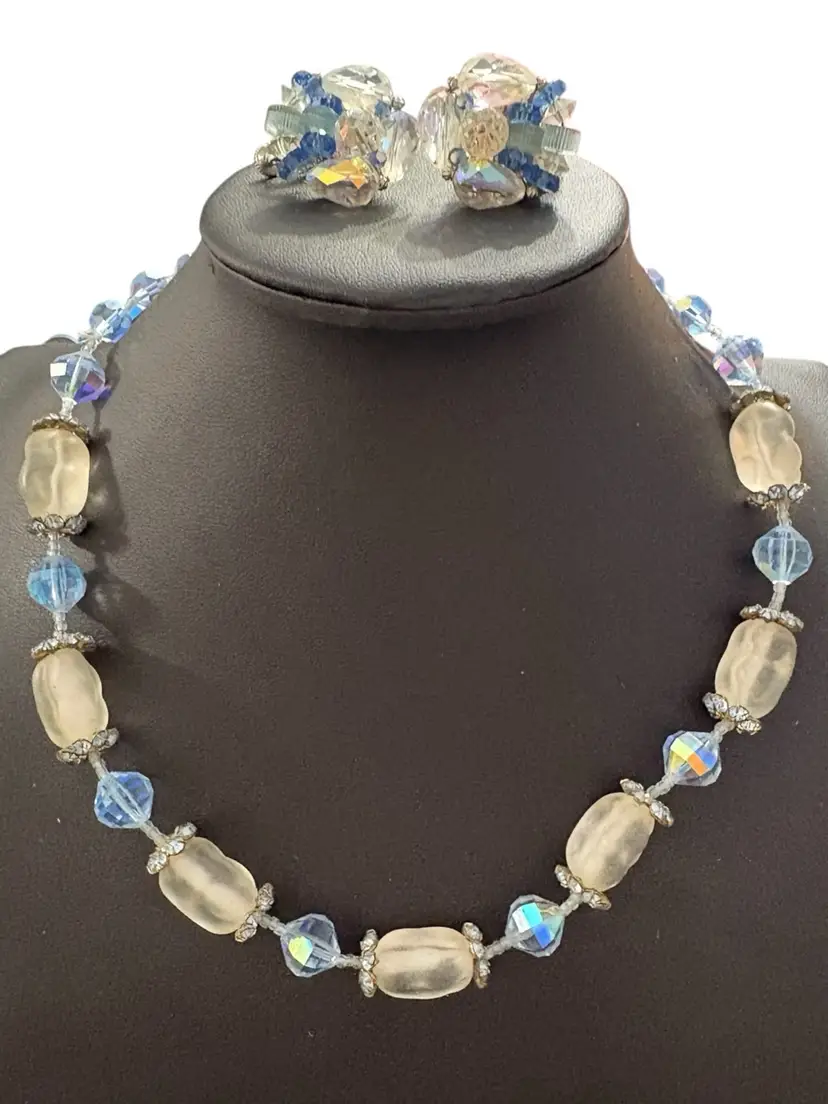 #01 105. Vendome Signed Frosted Glass And Blue Rhinestone Necklace And Earrings Demi Purure