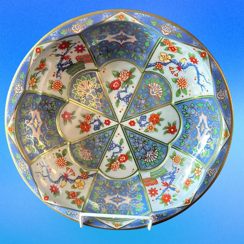 Vintage Daher Decorated Cloisonné-Look Metal Bowl Blue & Orange Floral Gold Trim