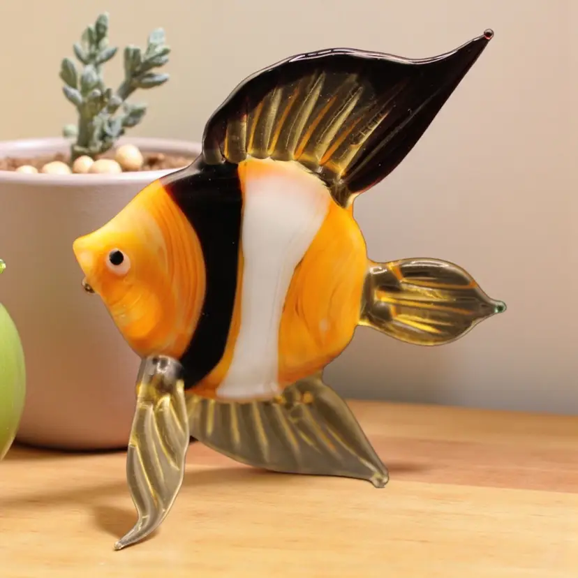 Yellow White Black Art Glass Fish 3 1/2” Tall