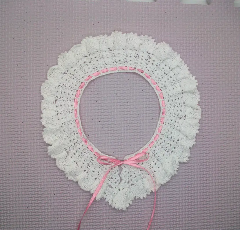 Vintage Crochet White Ruffle Lace Detachable Collar Pink Satin Ribbon 12"