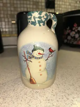 Marshall Texas Pottery Snowman Jug Signed Heriberto Rodriguez Spongeware 1999