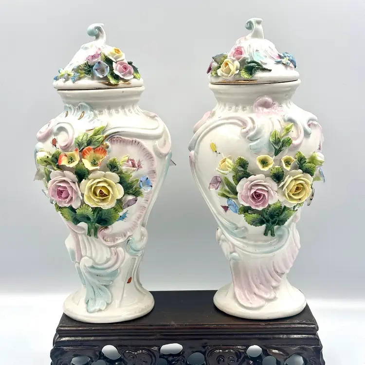 Pair of Antique Porcelain Floral & Insects Lidded Urns 9”*