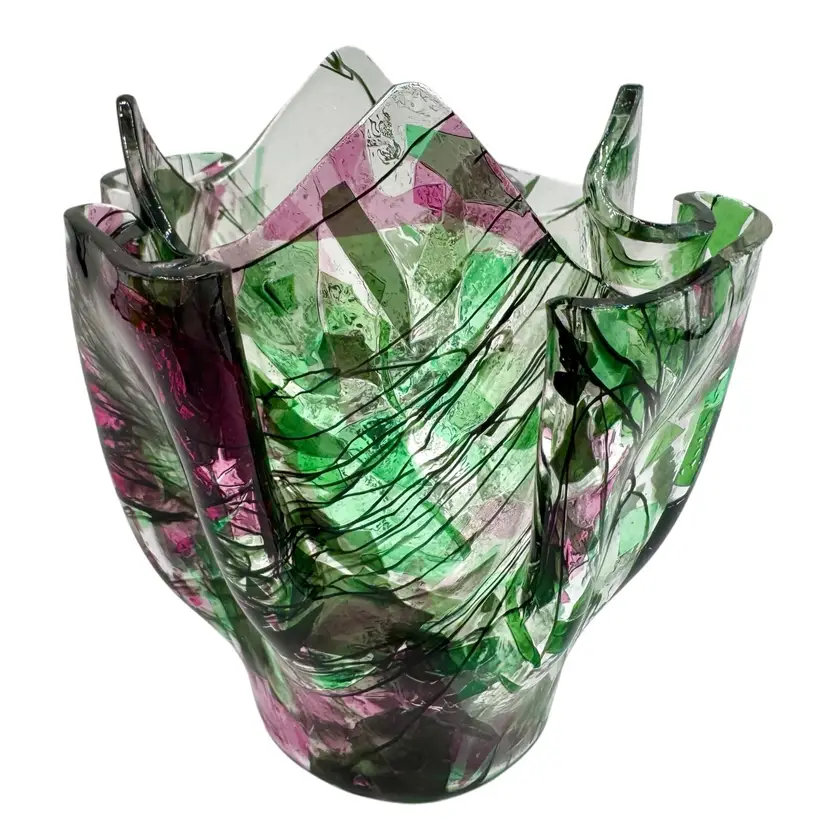 Signed Fused Glass Handkerchief Vase Pink Green Black Confetti Stripe 5.5”