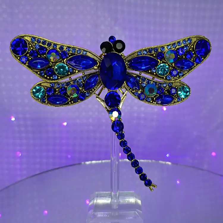 Blue Rhinestone Dragonfly Brooch Pin Gold Tone Sparkly Insect Statement Jewelry (Inv - #07)