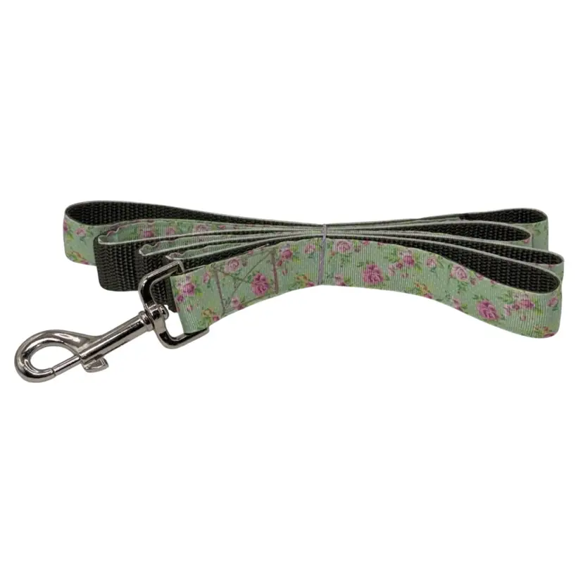 Dog Leash Green With Pink Roses Floral Size Large Handmade Heavy Duty NEW