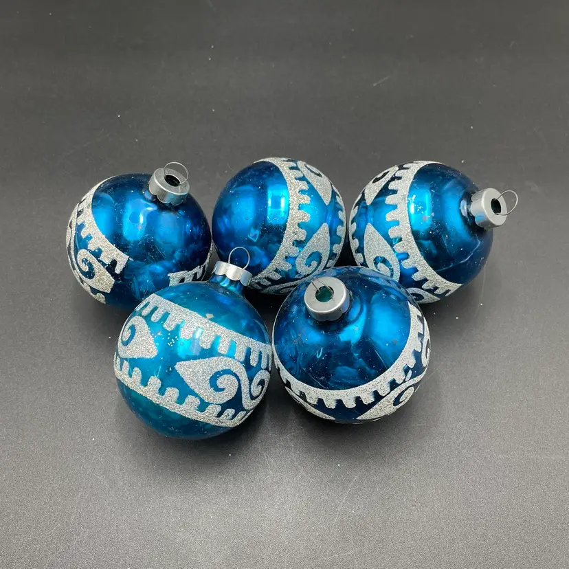 Blue Glass White Mica Stenciled Pattern Set of 5 VTG Christmas Ornaments