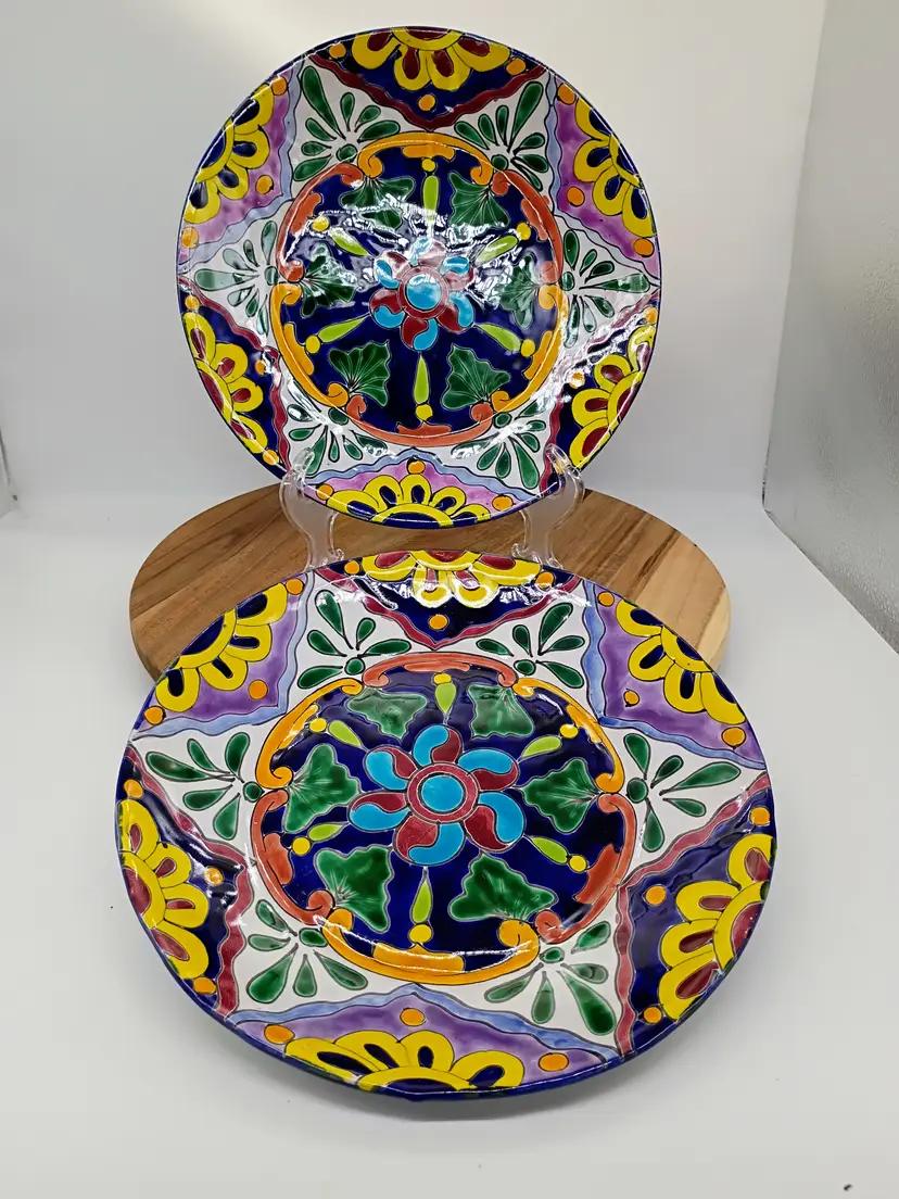 Set of 2 Mexican Art Pottery Hand Painted Colorful Talavera 11.5 "