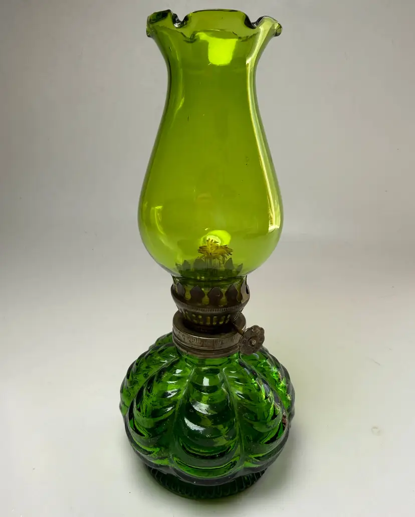Miniature 8" Emerald Green Draped Glass Oil Lamp Chimney Hong Kong Night Light