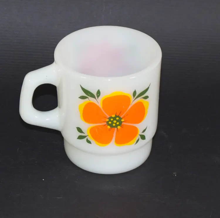 Vintage Fire King Milk Glass Mug Red Orange Flowers Anchor Hocking 8oz