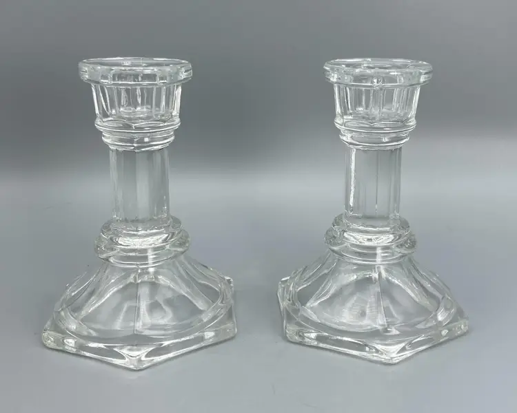 Set of 2 Versatile Clear Glass Candlesticks - Marked F.T.D.A.