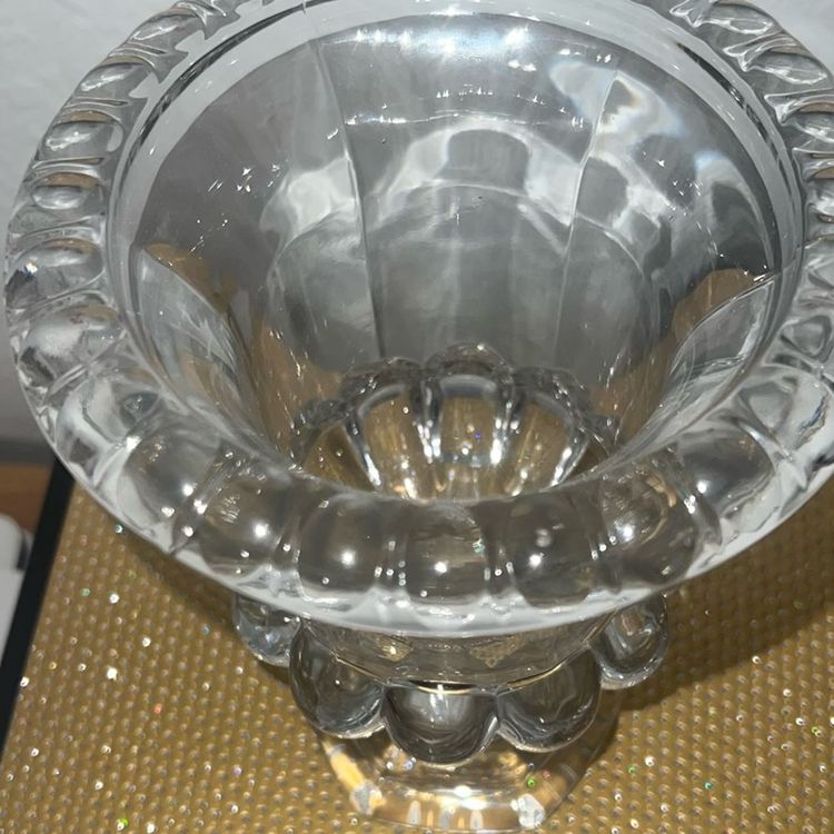 Vintage Clear Imperial Glass Vase Urn Heavy w "V" Emblem Etched 9" H X 6"D