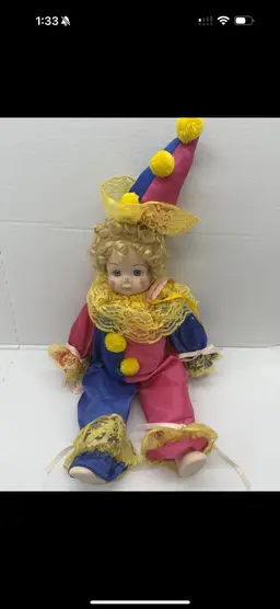 Porcelain Doll "Clown" Exclusive Collectible Memories China With Hat EUC 16”