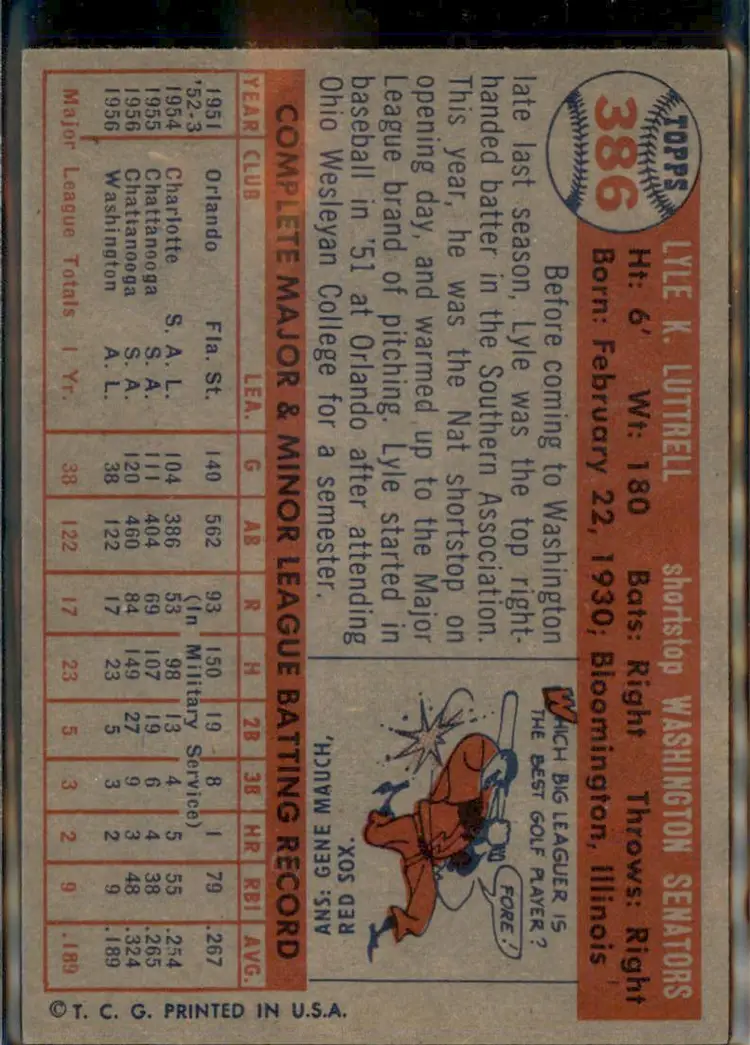 1957 Topps #386 Lyle Luttrell - (pk1) - Washington Senators