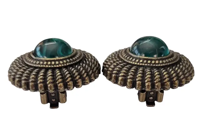 Ben Amun Flawed Emerald Green Glass Cab Clip-On Earrings, Signed E639