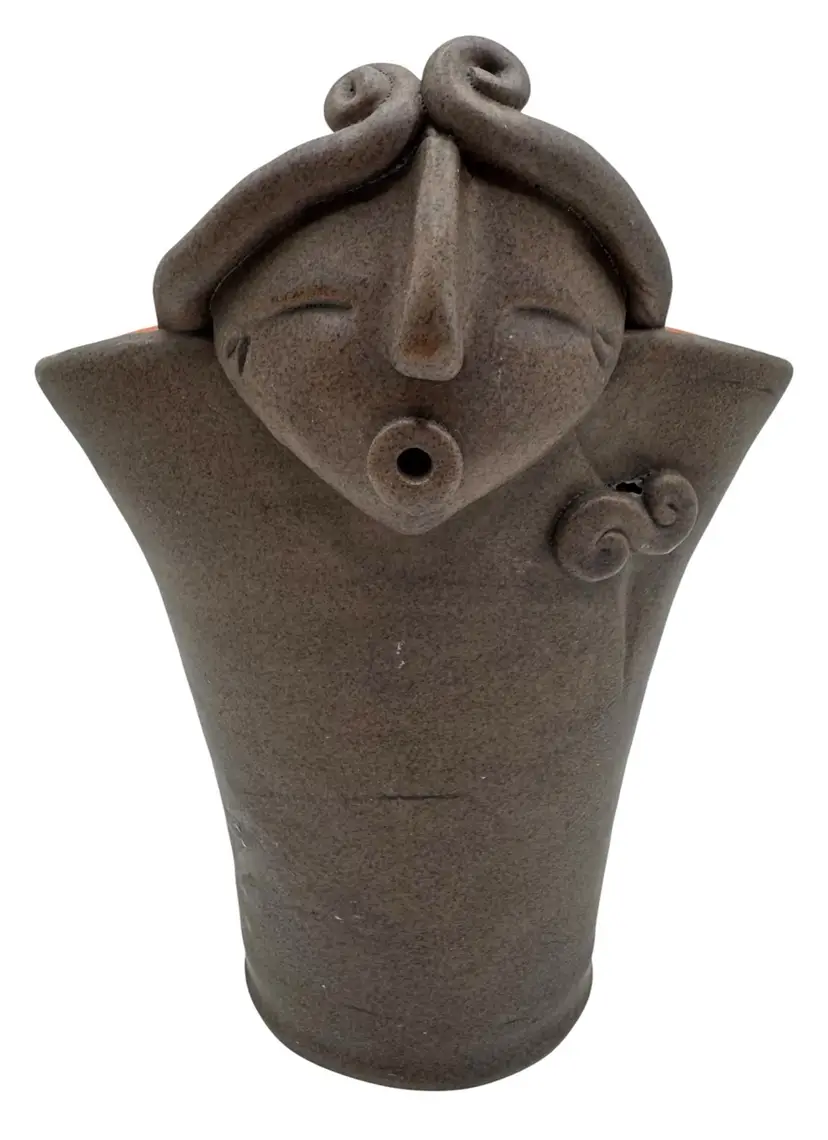Art Pottery Glazed Terracotta Vase Figural Woman Folk Art Totem Brown 7.25”