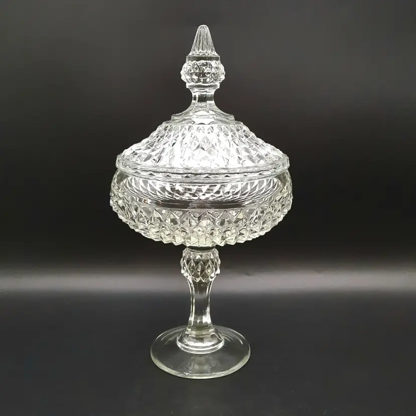 Indiana Glass Diamond Point Lidded Pedestal Candy Dish