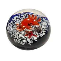 “A Crab, A Starfish, And A Shell Walk Into A Bar.” Vintage Art Glass Paperweight With Great 3D Frit Effect - 3”