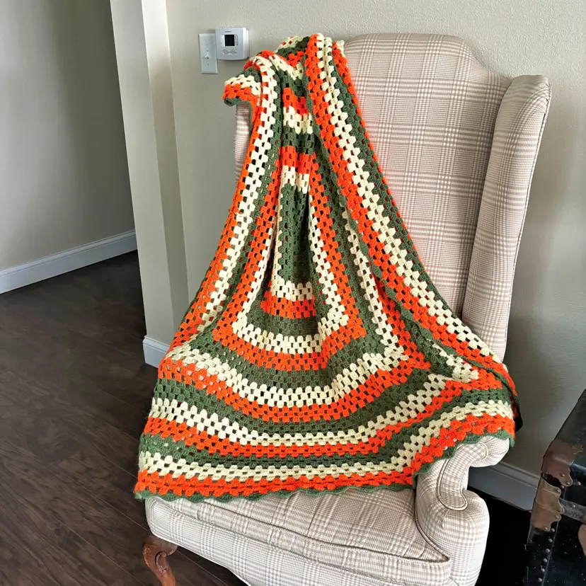 Handmade Crocheted Afghan Throw Blanket Granny Square Orange Green Yellow Vintage