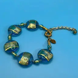 Murray Glass Bracelet Signed Made In Italy, Murano Glass Gold Tone