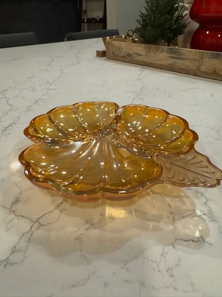 Vintage Jeannette Marigold Carnival Glass Clover Leaf Divided Candy Dish