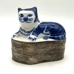 30 - Blue And White Ceramic Porcelain Cat On Metal Trinket Box.