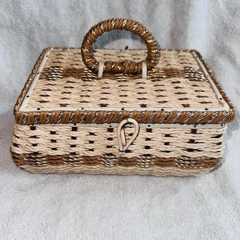 Vintage Braided Woven Wicker Sewing Basket Box Green Satin Lined Japan