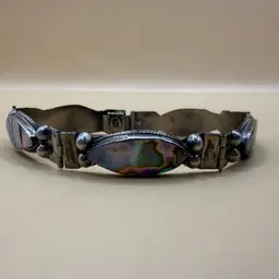Mid Century Mexican Silver Hand Crafted Abalone Shell Link Bracelet 7.25”
