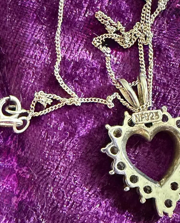 Vintage Sterling Silver CZ Heart Pendant Signed NF 1”x .75” on a 16” Sterling Box Chain Necklace - Tested 2x Each