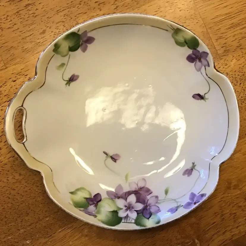 Nippon Candy Trinket Dish Bowl Nappy Tray Hand Painted Purple Flower Design