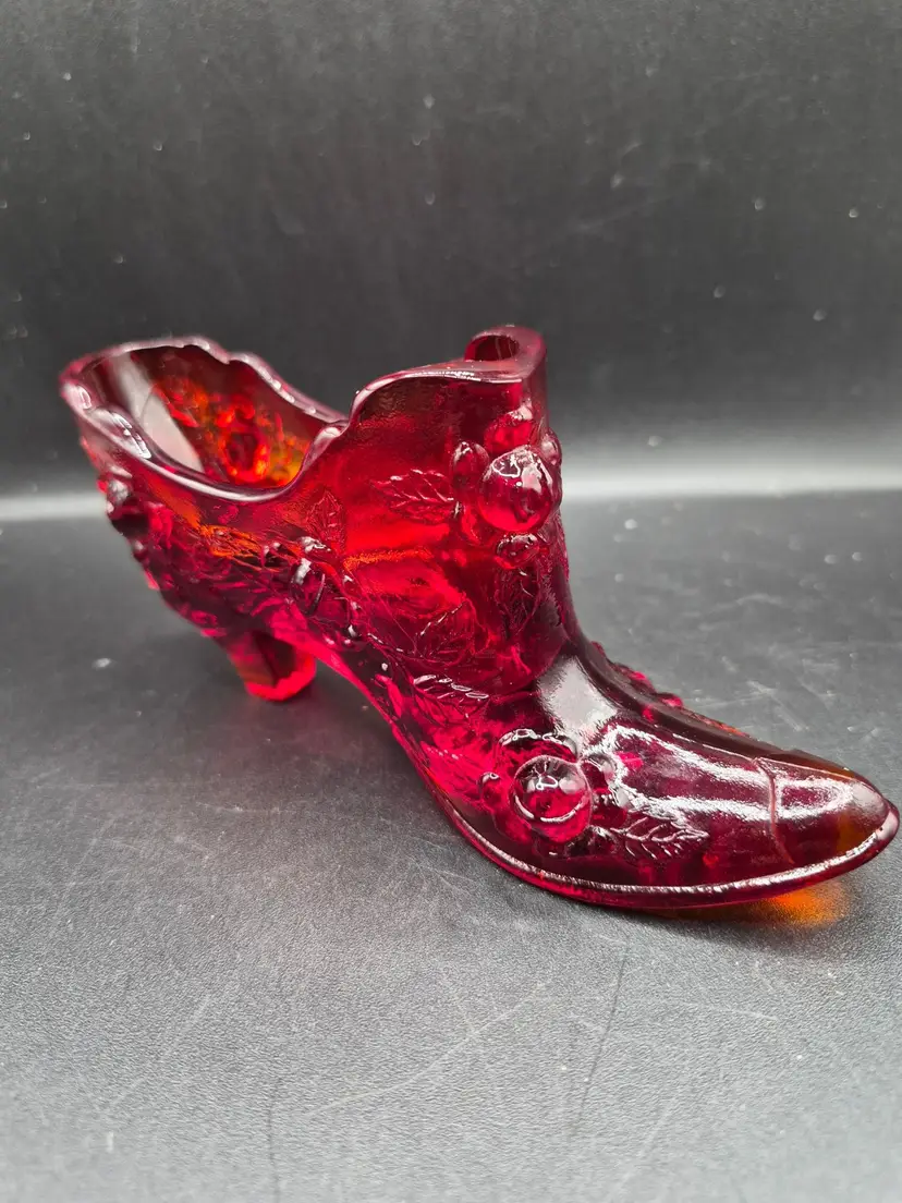 Vintage Fenton Ruby Red Glass Boot Figurine With Floral Embossed Design Glows