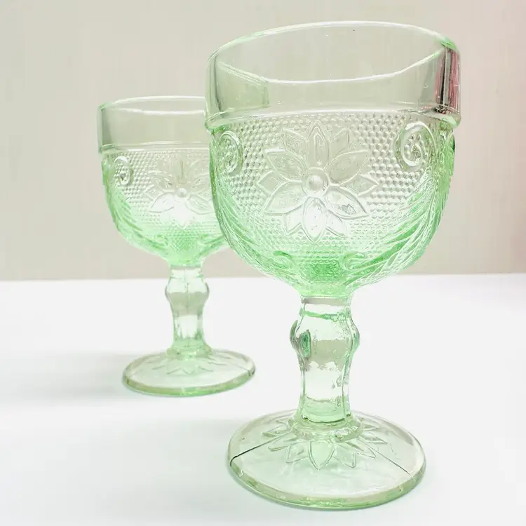 A Pair Vintage Indiana Glass Tiara Chantilly Green Cordial Mini Goblet Dessert Glass Floers Scrolls