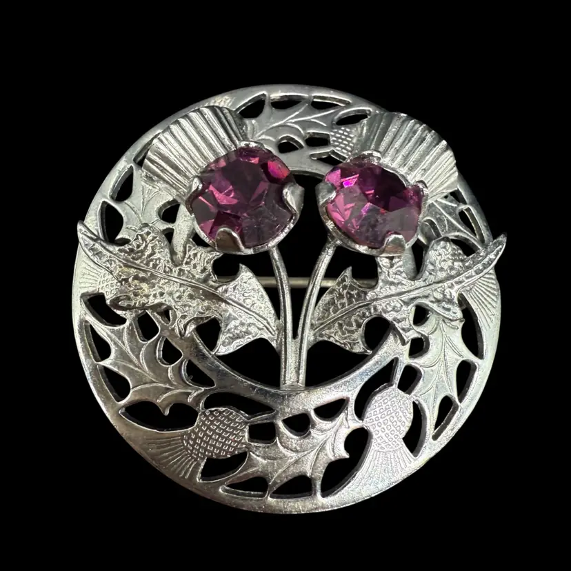 Vintage Scottish Style Double Thistle Purple Glass Brooch 1.25”