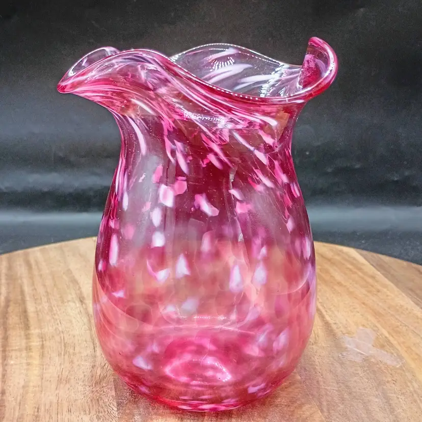 Cranberry Pink Mottled Hand Blown Art Glass Vase Ruffle Rim.5.5"