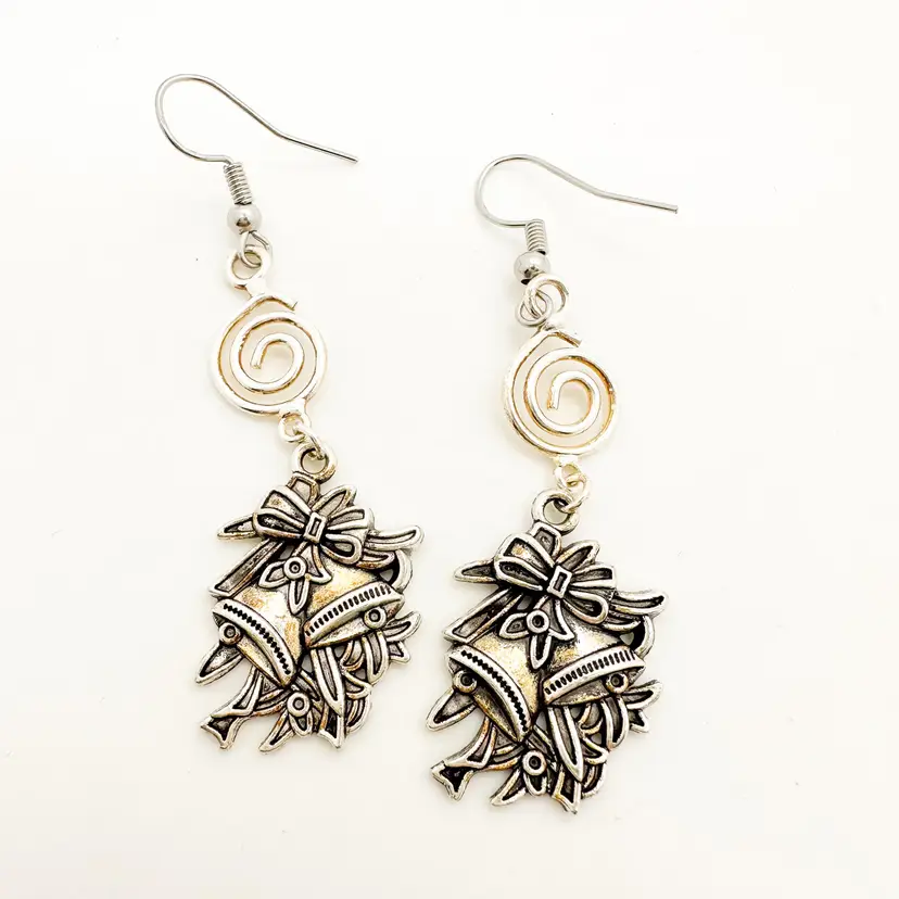 Christmas Earrings Spiral Accent Silver Bells Handmade