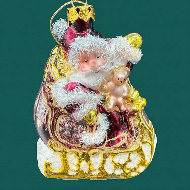 Vintage Christmas Ornament Santa In Sleigh With Teddy Bear Blown Glass Tinsel