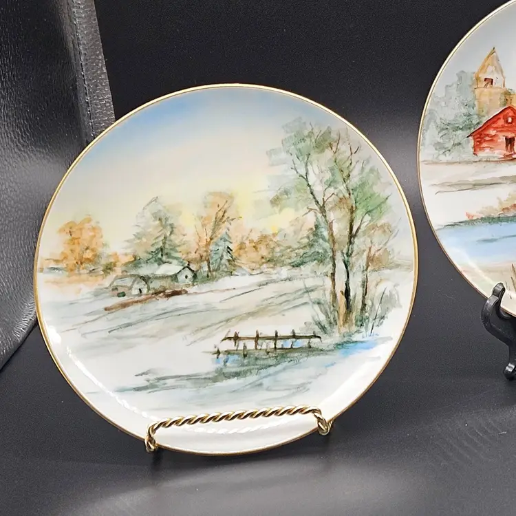 Vtg Hand Painted Scenic Landscape Plates Gold Rim Artist Signed 6.5 In Set of 3
