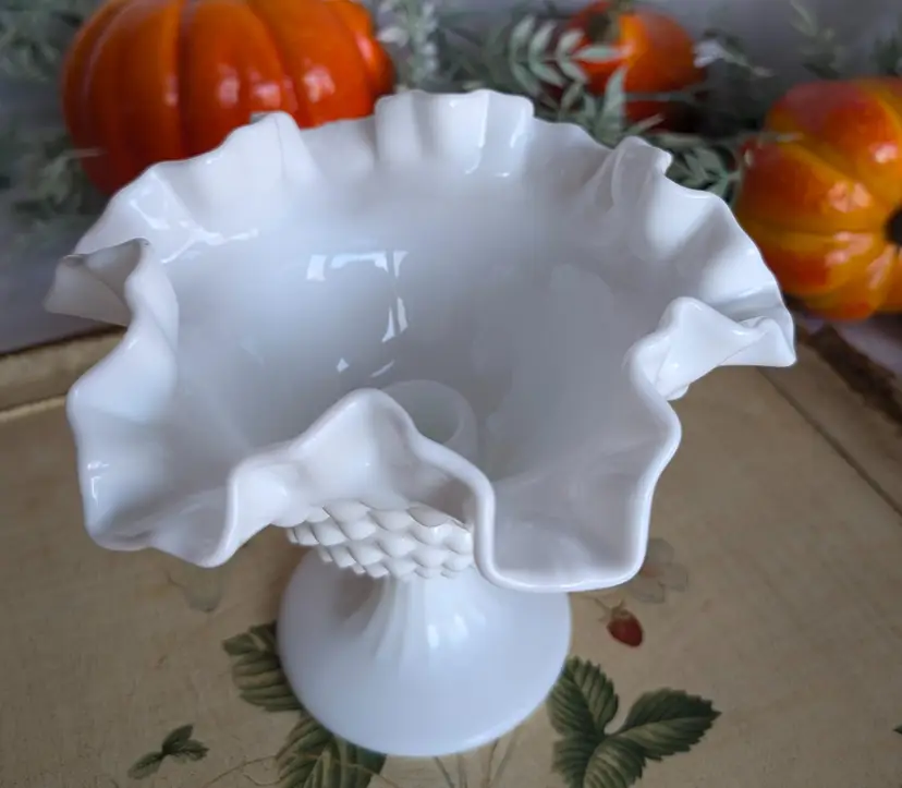 Fenton Hobnail Ruffled Edged Pedestal Candle Stick Holder