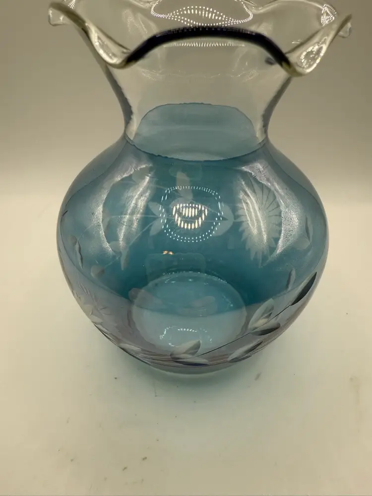 Blue Vase With Etched Flower Details