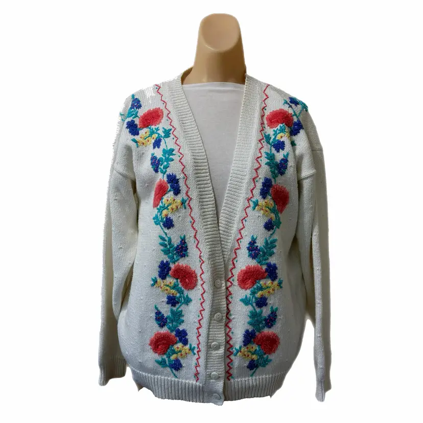 Cape Isle Medium Cardigan Sweater Cottage Core Floral Hand Knit Summer V Neck