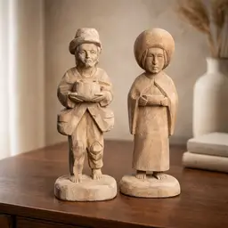 Vintage Hand Carved Wood Figurine of a Barefoot Traveler Man & Woman w/ Bowl