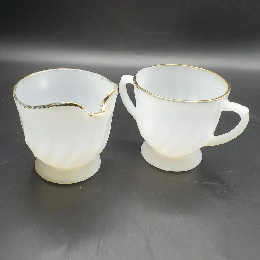 L#15 - Fire King Milk Glass Footed Creamer and Open Sugar (Missing Lid) with Gold Trim