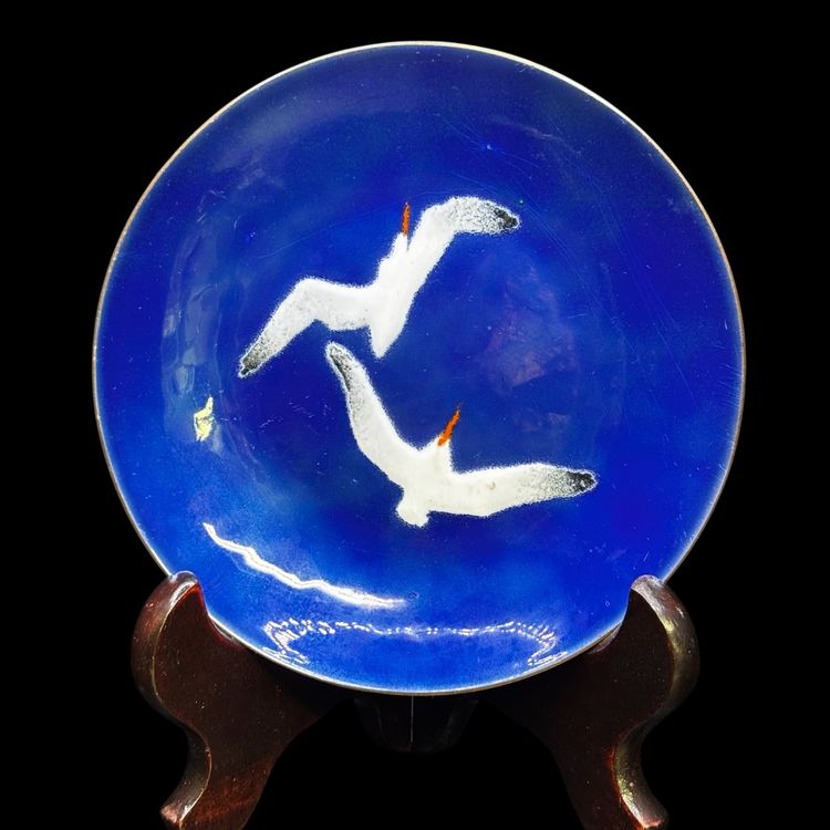 Seagulls In Flight Shorebirds Cobalt Enamel On Metal Plate 6”*