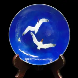 #01 Seagulls In Flight Shorebirds Cobalt Enamel On Metal Plate 6”*